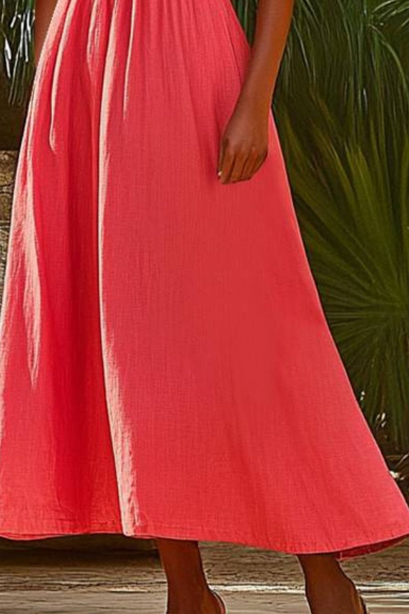 Vacation Casual Loose Dress Red V Neck Ruffle Half Sleeve Maxi Dress