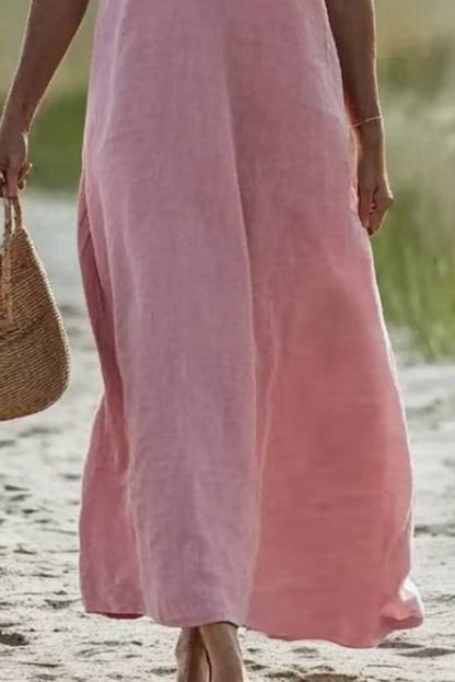 Vacation Casual Loose Dress Pink V Neck Short Sleeve Maxi Dress