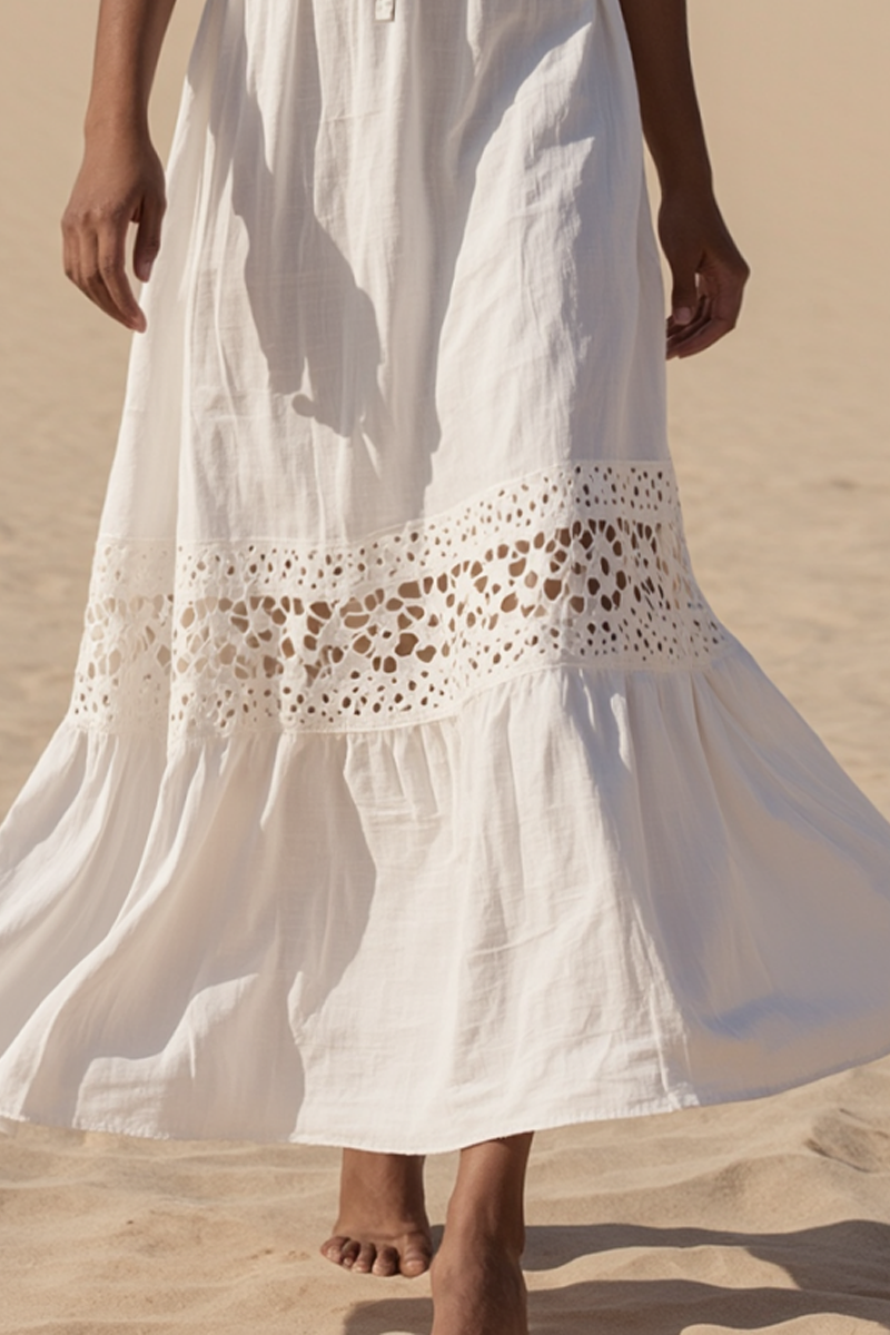 Vacation Casual Loose Dress White V Neck Lace Half Sleeve Maxi Dress