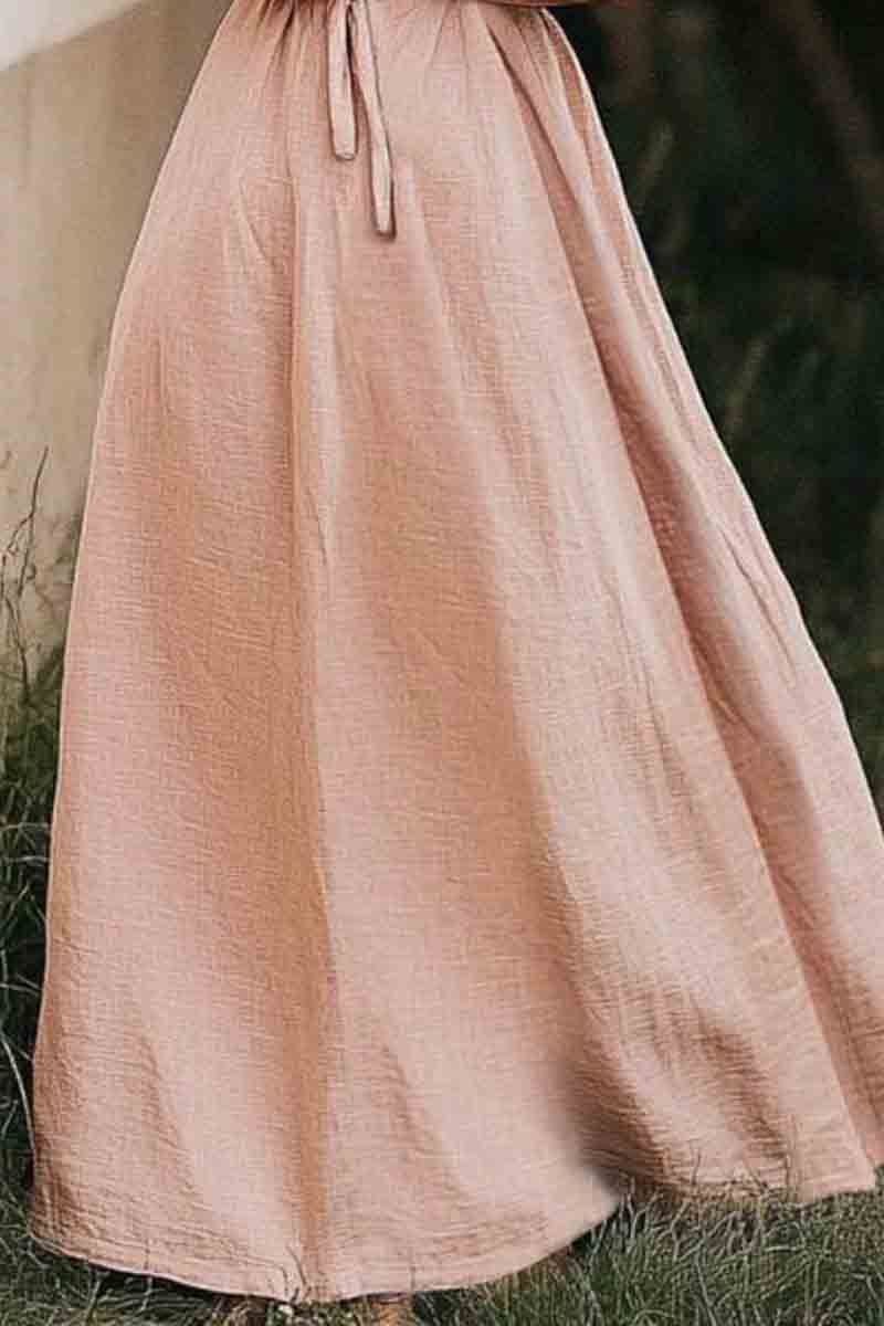 Vacation Casual Loose Dress Pink V Neck Lace up Long Sleeve Maxi Dress