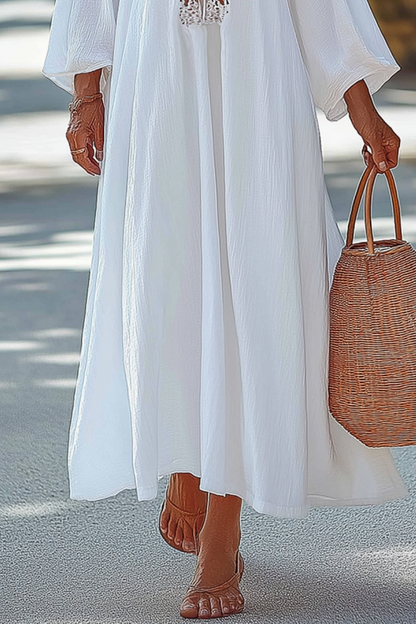 Vacation Casual Loose Dress White Deep V 3/4 Length Sleeve Maxi Dress