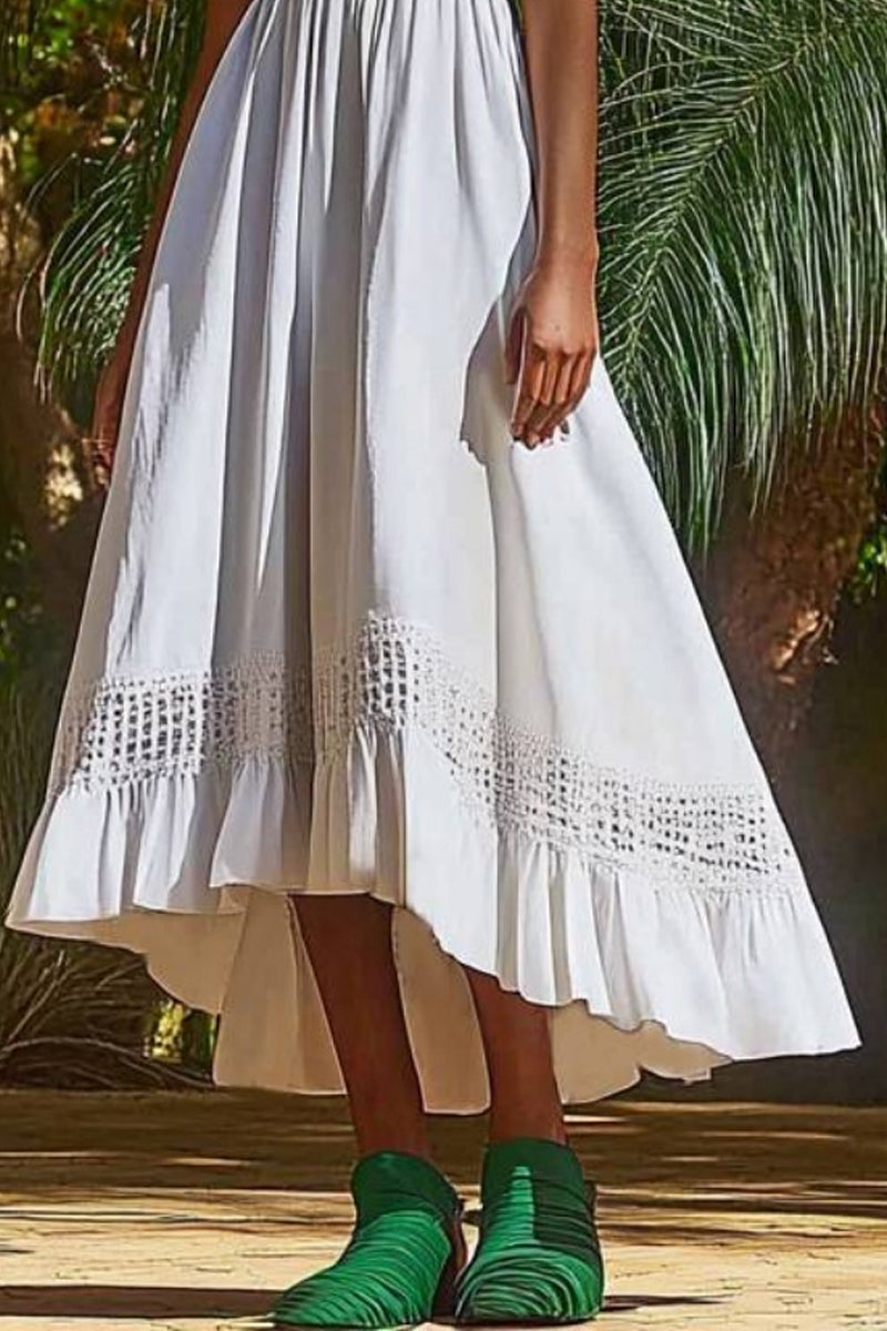 Vacation Casual Loose Dress White V Neck Plus High Low Sleeveless Maxi Dress