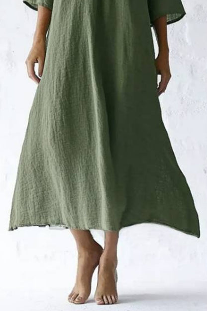 Vacation Casual Loose Dress Green V Neck 3/4 Length Sleeve Maxi Dress