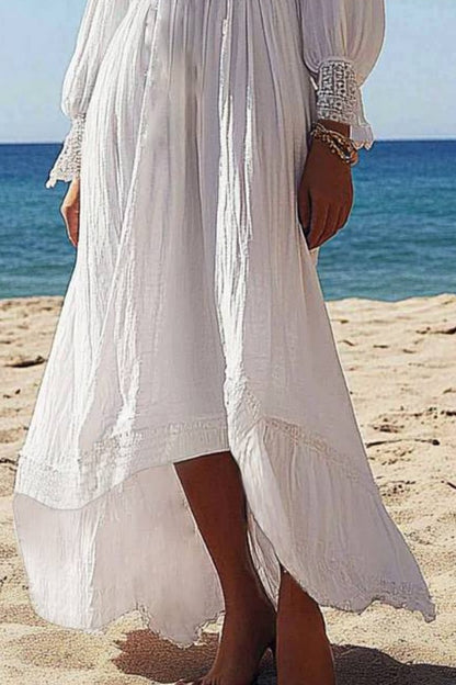 Vacation Casual Loose Dress White V Neck Plus High Low Long Sleeve Maxi Dress