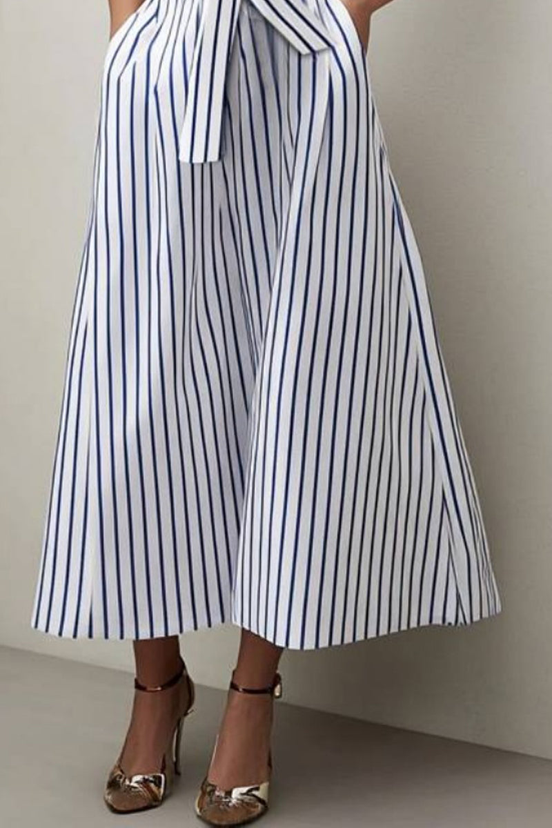 Vacation Casual Loose Stripe Dress Blue Shirt Collar Print Short Sleeve Maxi Dress