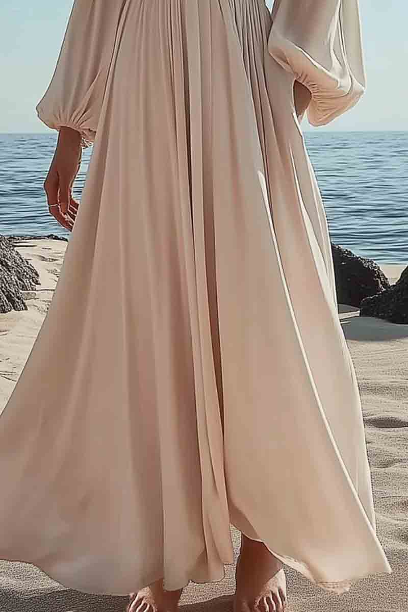 Vacation Casual Swing Loose Dress Beige V Neck Pocket Long Sleeve Maxi Dress