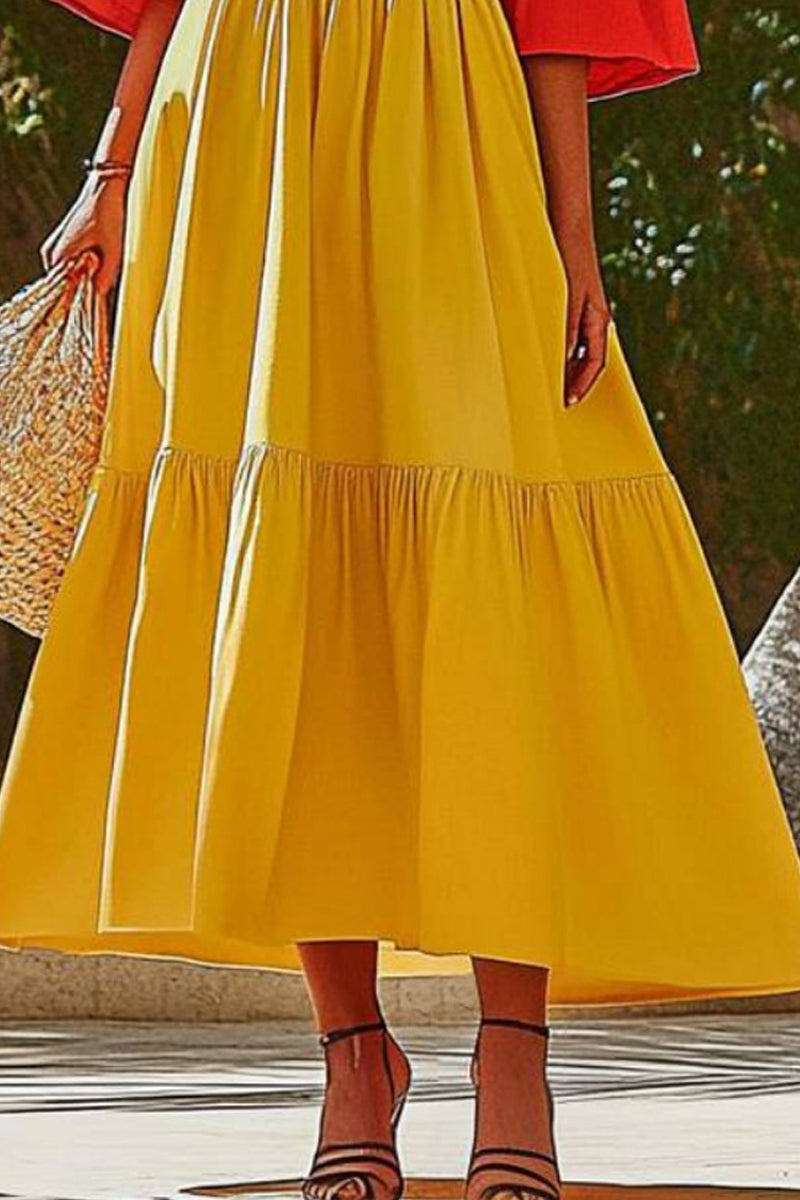 Vacation Casual Loose Dress Yellow V Neck Ruffle Half Sleeve Maxi Dress