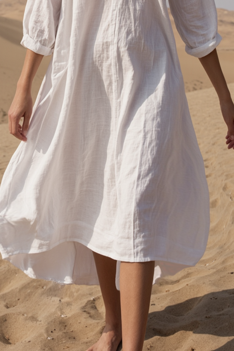 Vacation Casual Loose Dress White Crew Neck 3/4 Length Sleeve Midi Dress