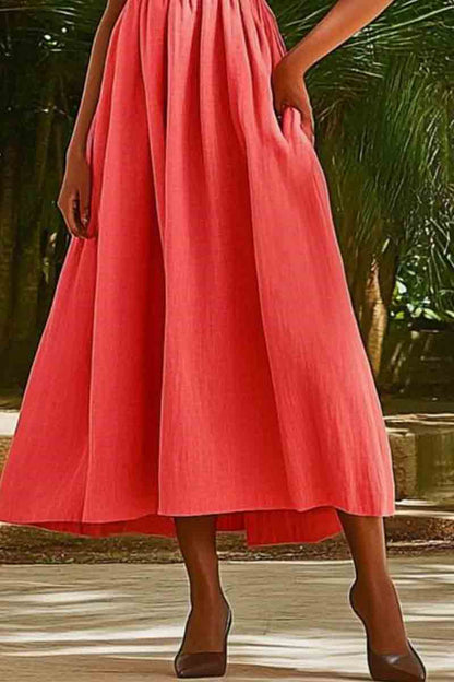 Vacation Casual Loose Dress Red V Neck Pocket Short Sleeve Maxi Dress