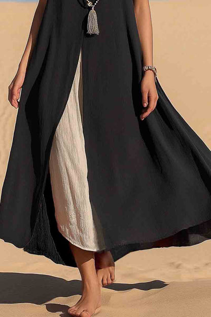 Vacation Casual Swing Loose Dress Black V Neck Button Sleeveless Maxi Dress