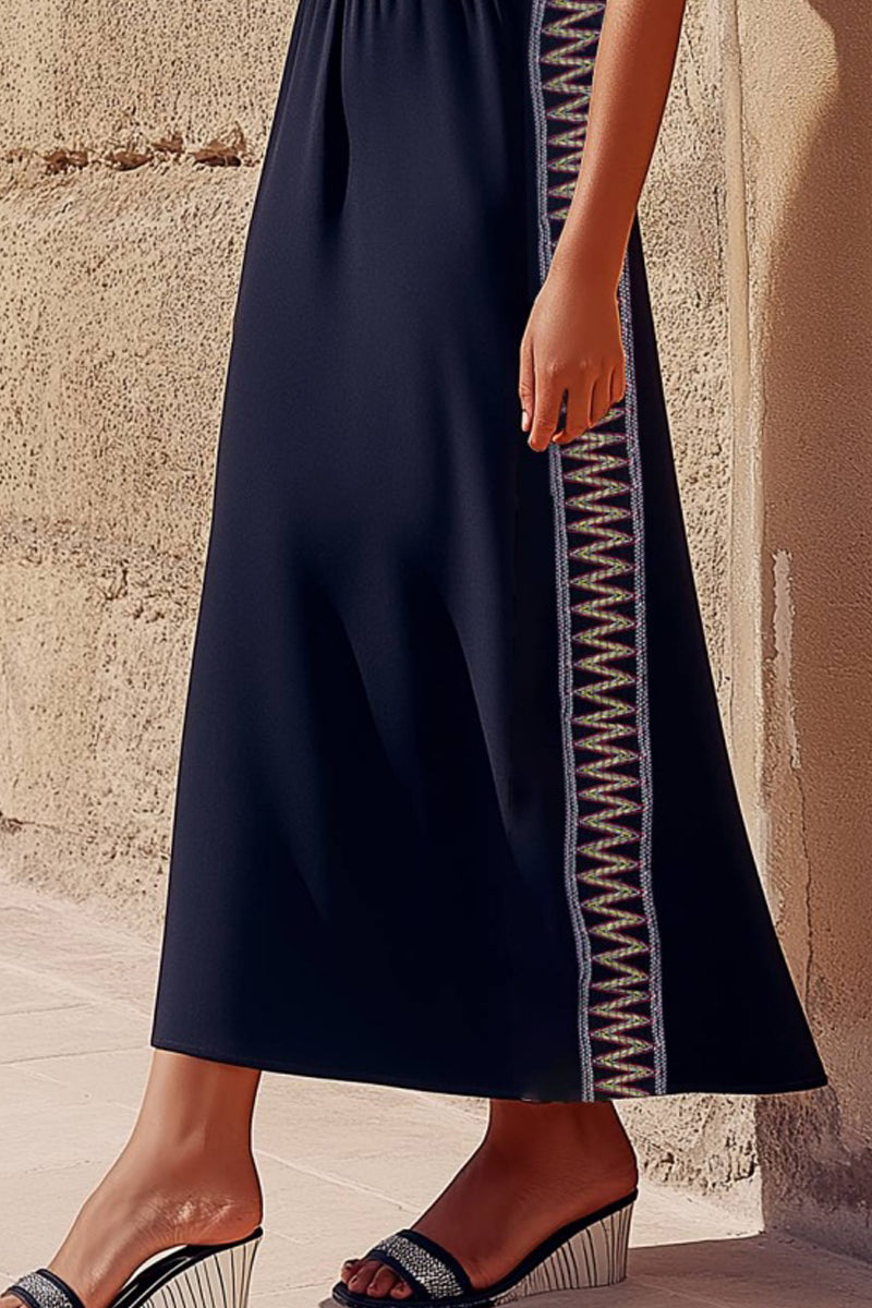 Vacation Casual Loose Dress Navy Blue U Neck Patchwork Sleeveless Maxi Dress