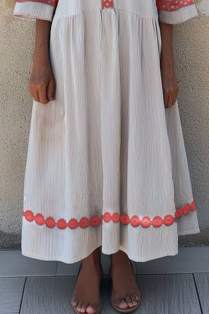 Vacation Casual Loose Dress White V Neck Patchwork 3/4 Length Sleeve Maxi Dress