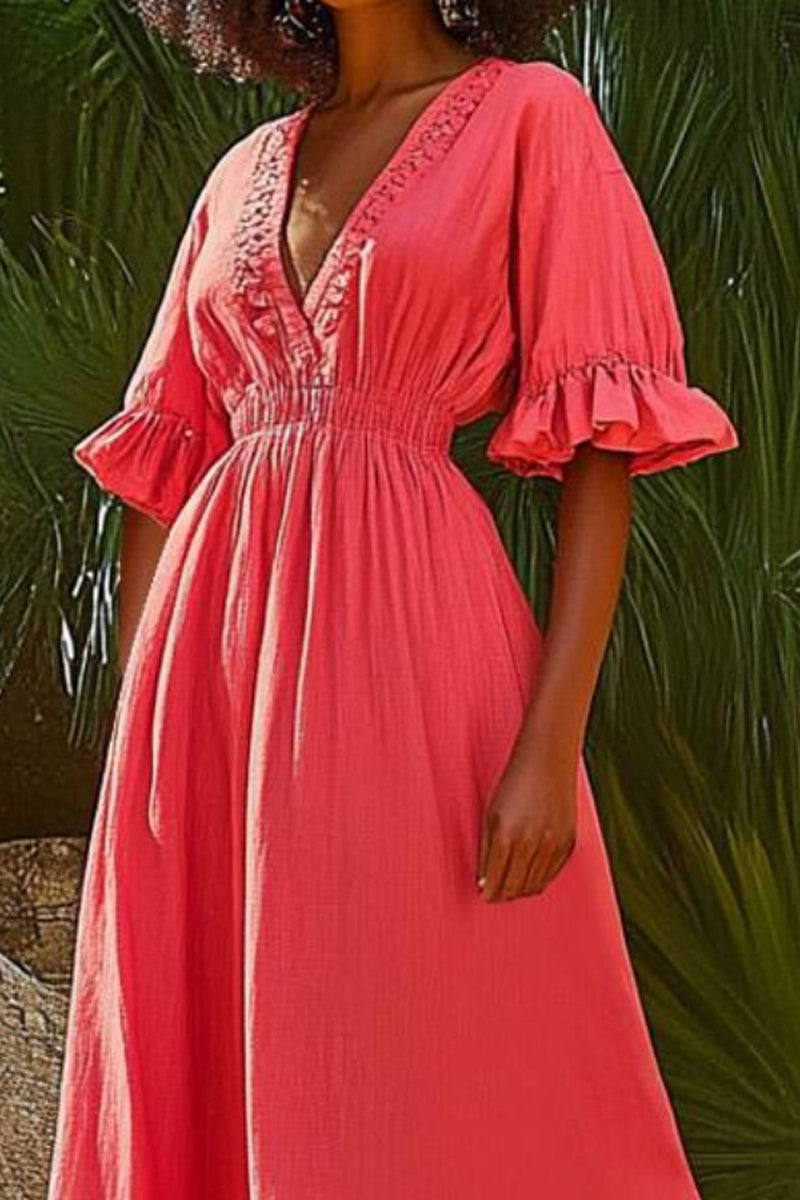 Vacation Casual Loose Dress Red V Neck Ruffle Half Sleeve Maxi Dress