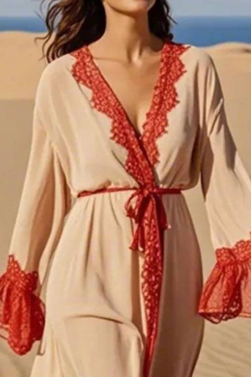 Vacation Casual Loose Dress Red V Neck Lace Long Sleeve Midi Dress