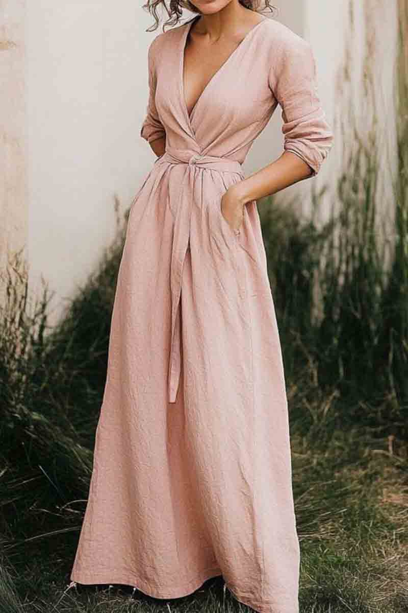 Vacation Casual Loose Dress Pink V Neck Pocket Long Sleeve Maxi Dress