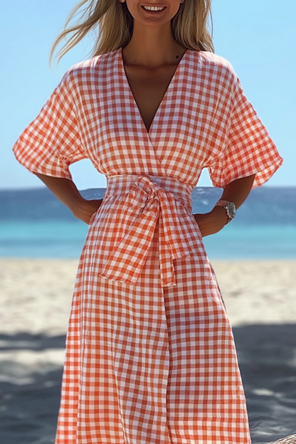 Vacation Casual Loose Dress Pink V Neck Plaid Half Sleeve Maxi Dress