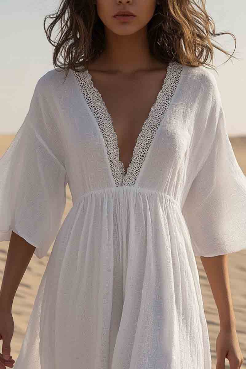 Vacation Casual Loose Dress White V Neck Lace Half Sleeve Mini Dress