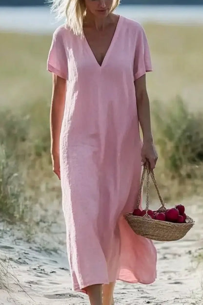 Vacation Casual Loose Dress Pink V Neck Short Sleeve Midi Dress