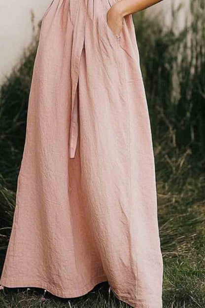 Vacation Casual Loose Dress Pink V Neck Pocket Long Sleeve Maxi Dress