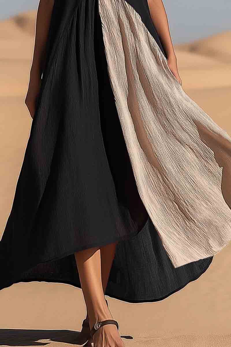 Vacation Casual Swing Loose Dress Black Crew Neck Patchwork Sleeveless Maxi Dress