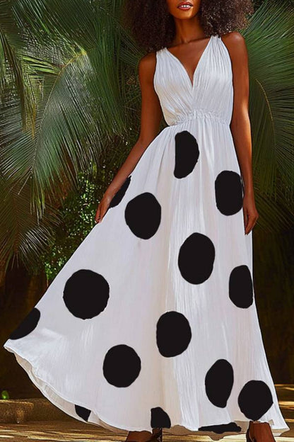 Vacation Casual Loose Swing Dot Dress White V Neck Print Sleeveless Maxi Dress