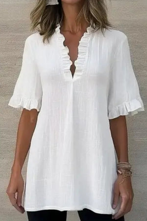 Basic Casual Top V Neck White Ruffle Short Sleeve Top