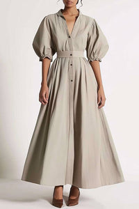 Casual Active Shirt Dress Grey Collared Buttoned Bubble Sleeve Maxi Dress