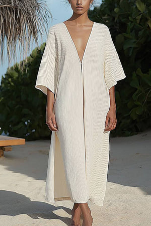 Casual Vacation Loose Dress Pleated Deep V Off-White Maxi Dress