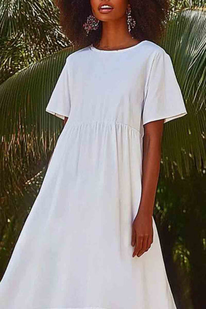 Vacation Casual Loose Dress White Crew Neck Ruffle Short Sleeve Maxi Dress