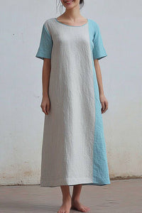 Casual Loose Color Block Dress Linen Short Sleeve Crew Neck Maxi Dress