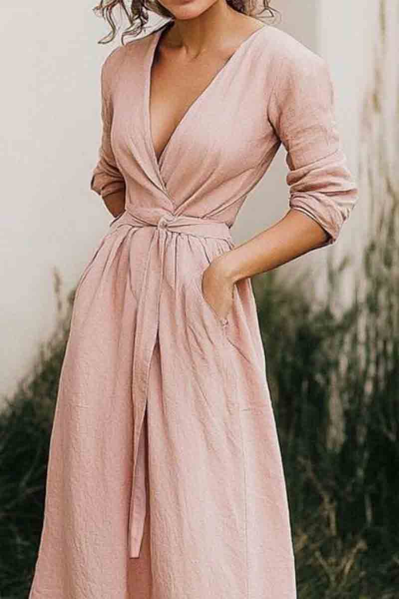 Vacation Casual Loose Dress Pink V Neck Pocket Long Sleeve Maxi Dress