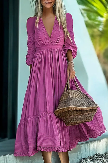 Chic Vacation Dress Purple Deep V-Neck Sleeveless Lace Trim Midi Dress