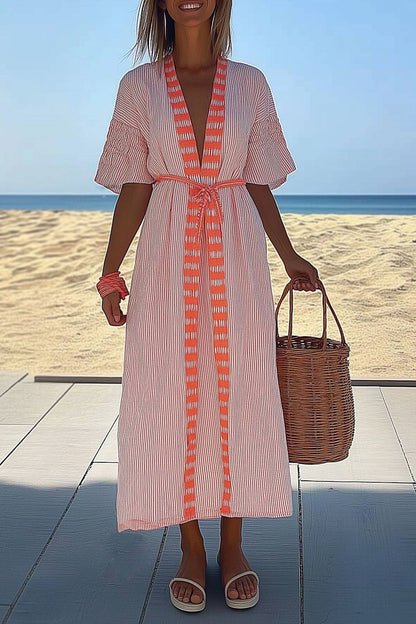 Beach Vacation Linen Dress Deep V-Neck Orange Striped Tied Maxi Dress