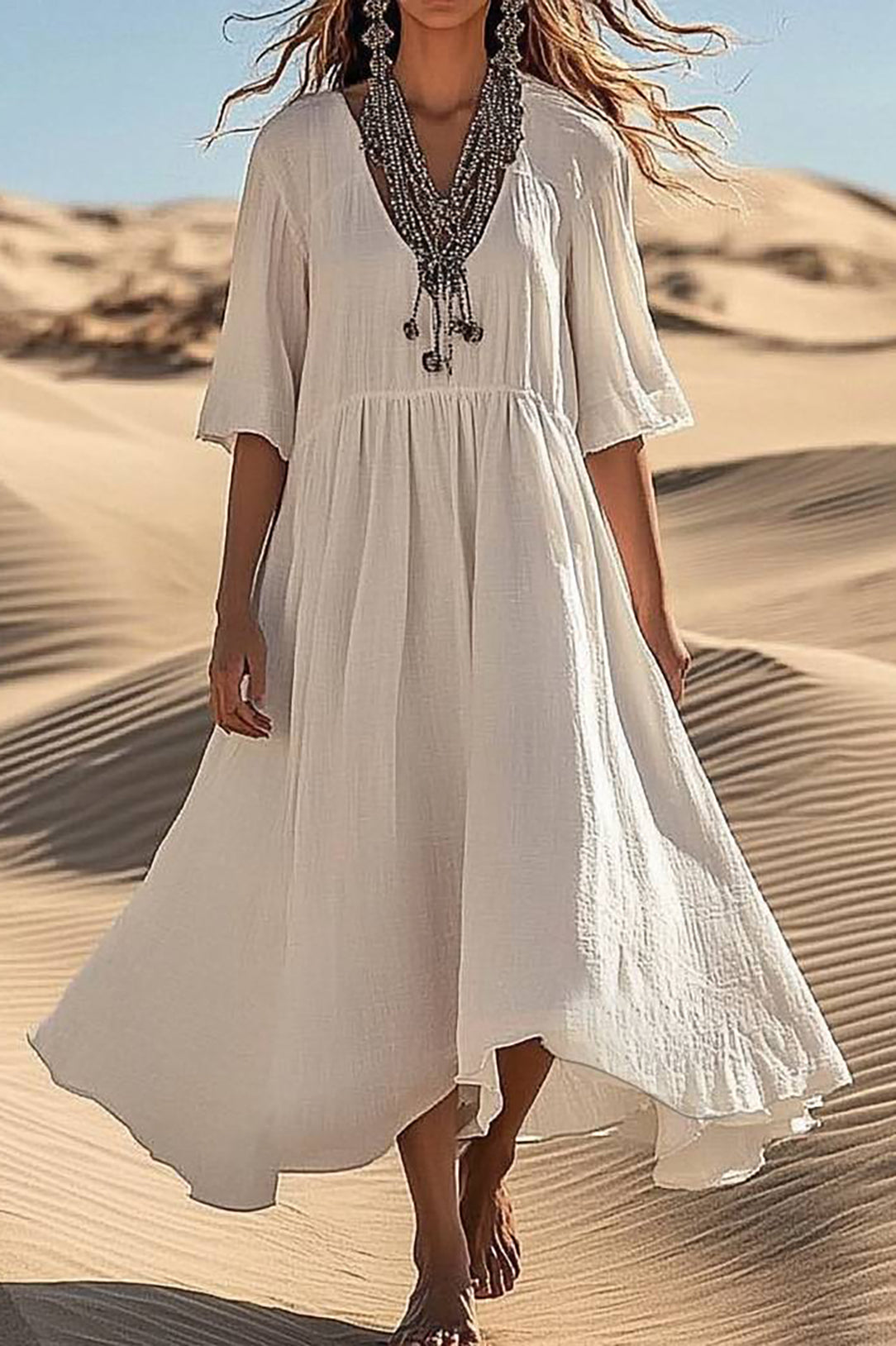 Bohemian Vacation Dress Deep V-neck Loose Flared Maxi Dress