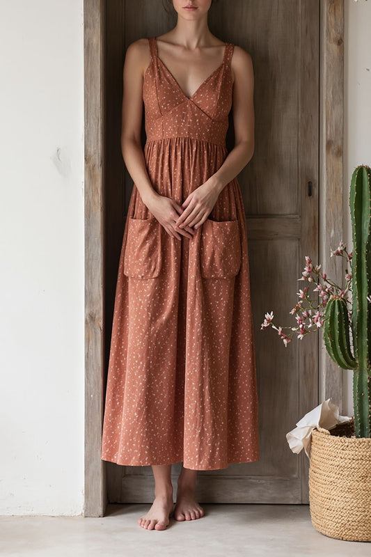 Casual Daily Floral Dress Brown Linen Floral with Pocketed Midi Dress