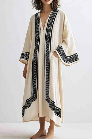 Vacation Casual Printed Dress Loose V-Neck Beige Linen Midi Dress