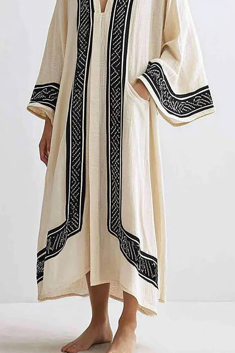 Vacation Casual Printed Dress Loose V-Neck Beige Linen Midi Dress