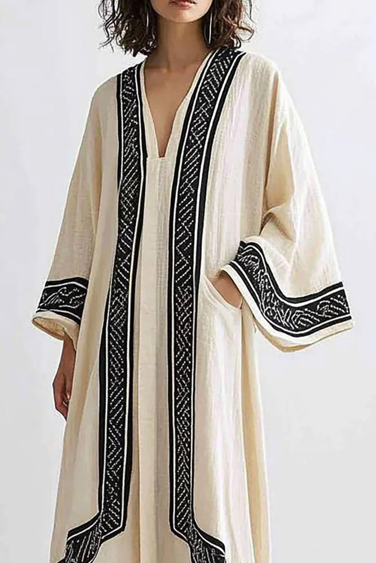 Vacation Casual Printed Dress Loose V-Neck Beige Linen Midi Dress