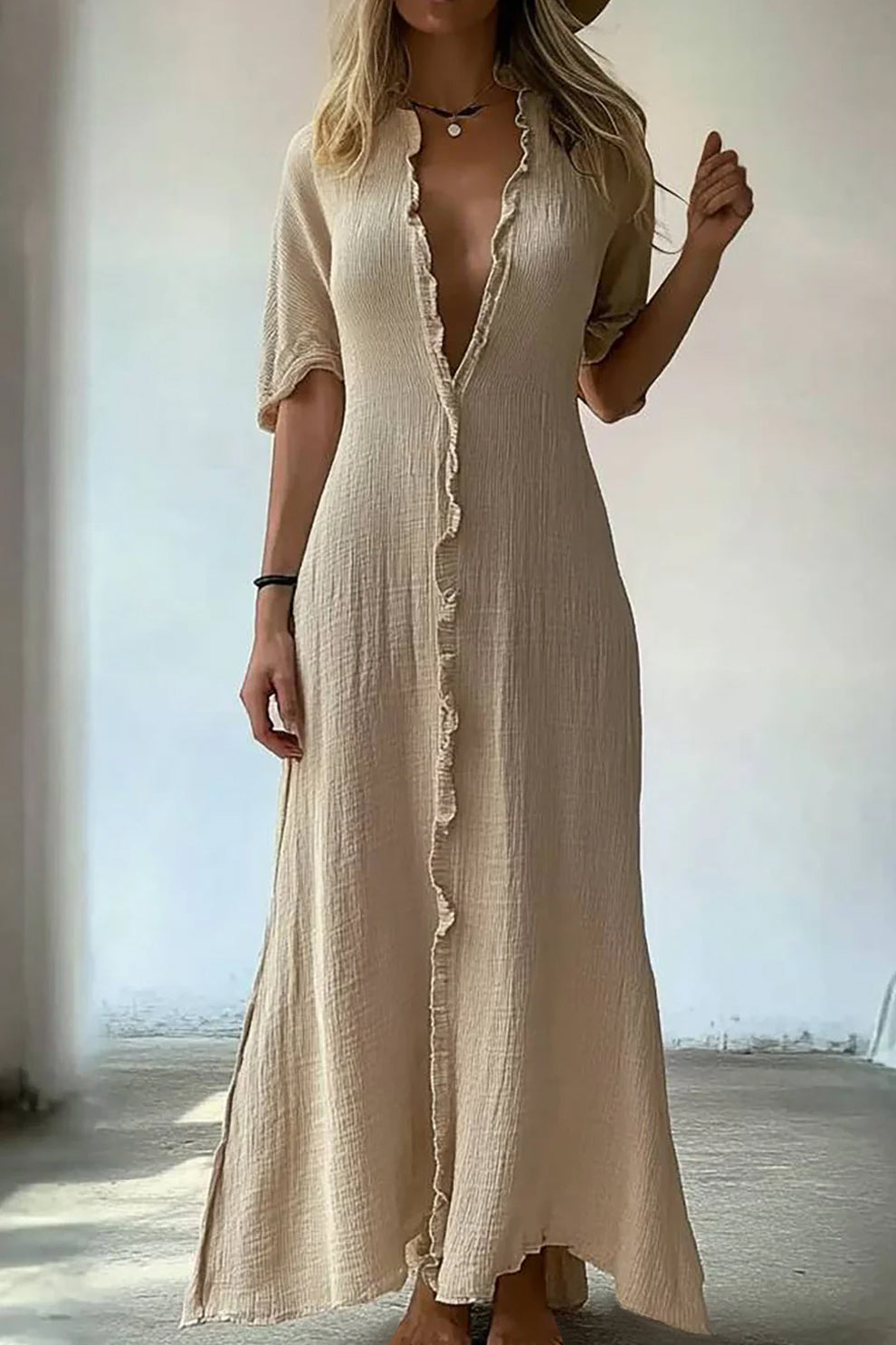 Casual Vacation Linen Dress Deep V Frill Short Sleeve Maxi Dress