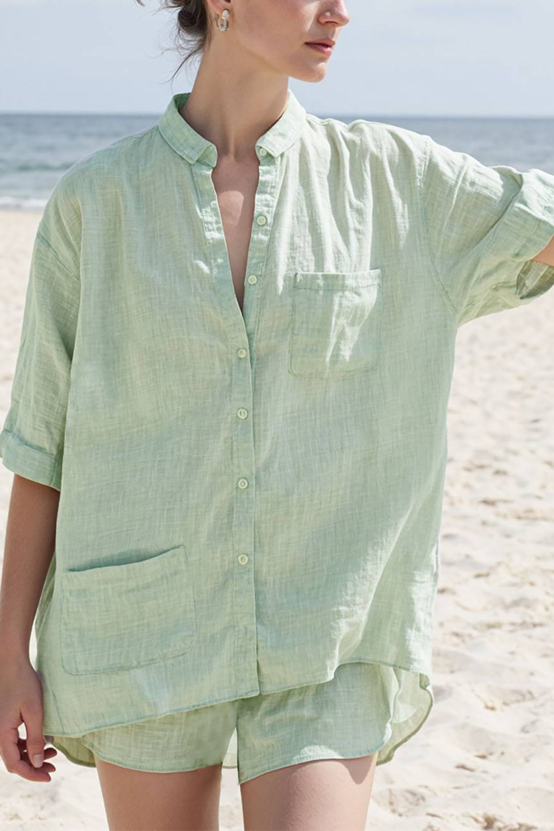 Beach Vacation Shirt Mint Green Collared Short Sleeve Asymmetric Pocket Top