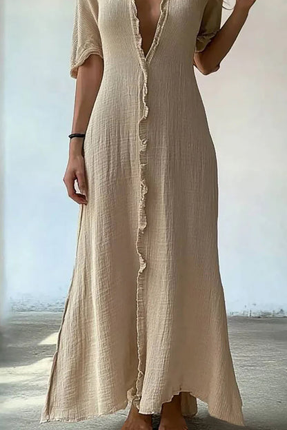 Casual Vacation Linen Dress Deep V Frill Short Sleeve Maxi Dress