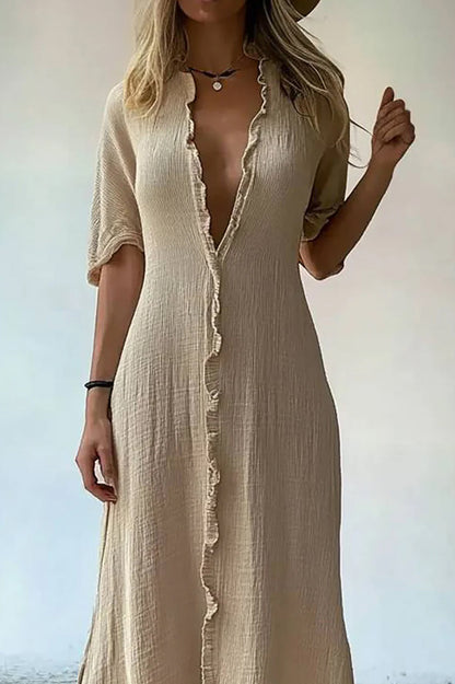 Casual Vacation Linen Dress Deep V Frill Short Sleeve Maxi Dress