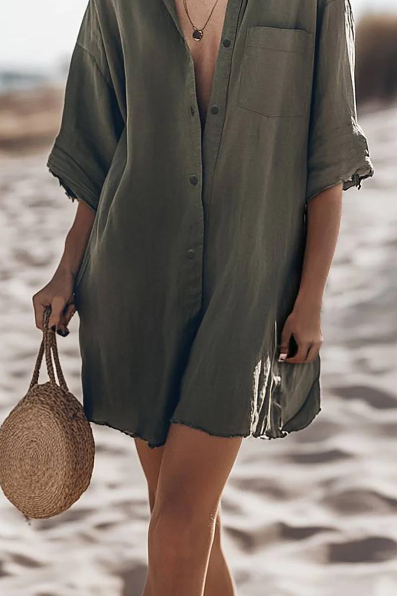 Casual Vacation Linen Dress Shirt Style Short Sleeve Retro Ultra Short Dress