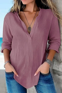 Casual Daily Linen Top Loose Deep V Long Sleeve Dark Top