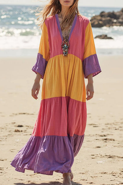 Bohemian Vacation Dress Deep V Color Block Long Sleeve Maxi Dress