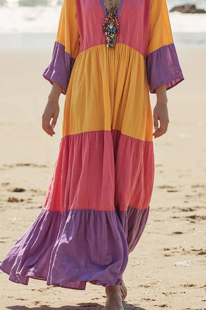 Bohemian Vacation Dress Deep V Color Block Long Sleeve Maxi Dress