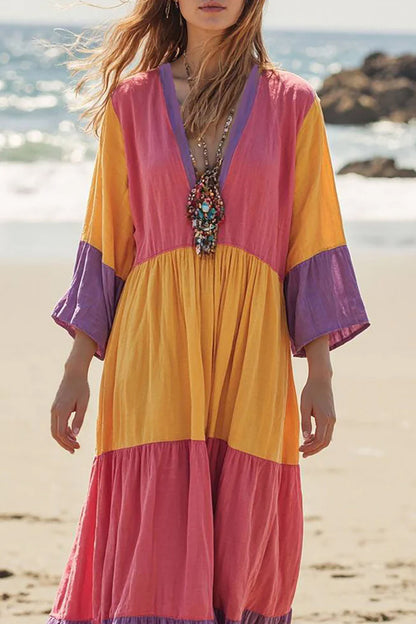 Bohemian Vacation Dress Deep V Color Block Long Sleeve Maxi Dress