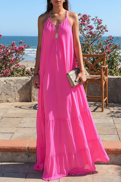 Vacation Casual Dress Pink Ruffled Halter Maxi Dress