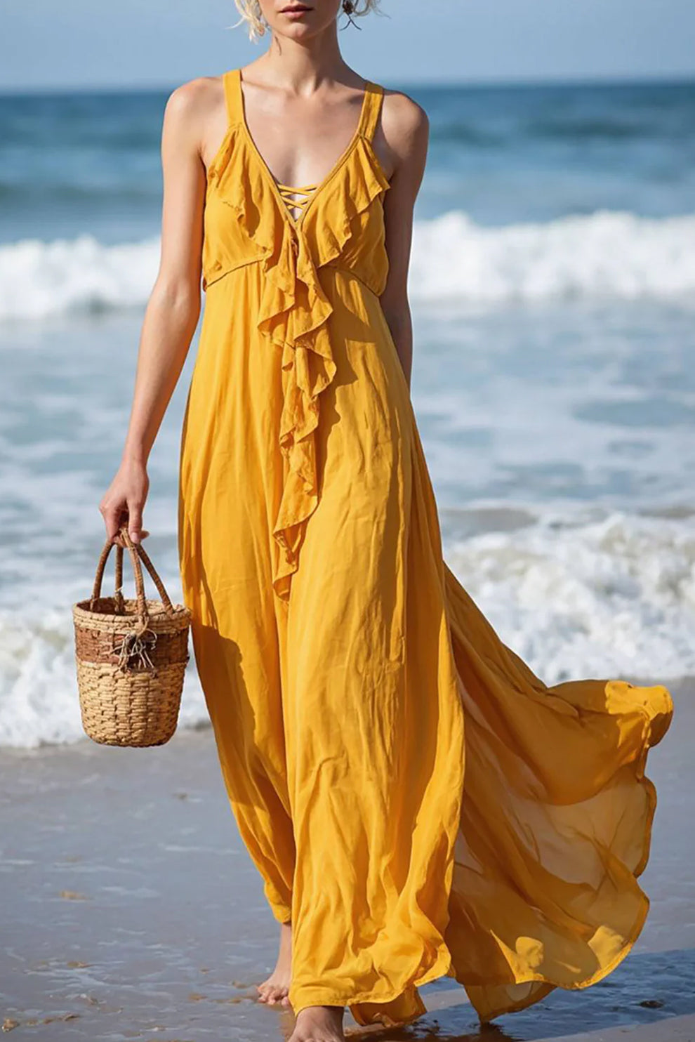 Vacation Dress Flowing Ruffled Strap Maxi Dress