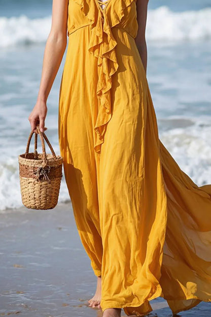 Vacation Dress Flowing Ruffled Strap Maxi Dress